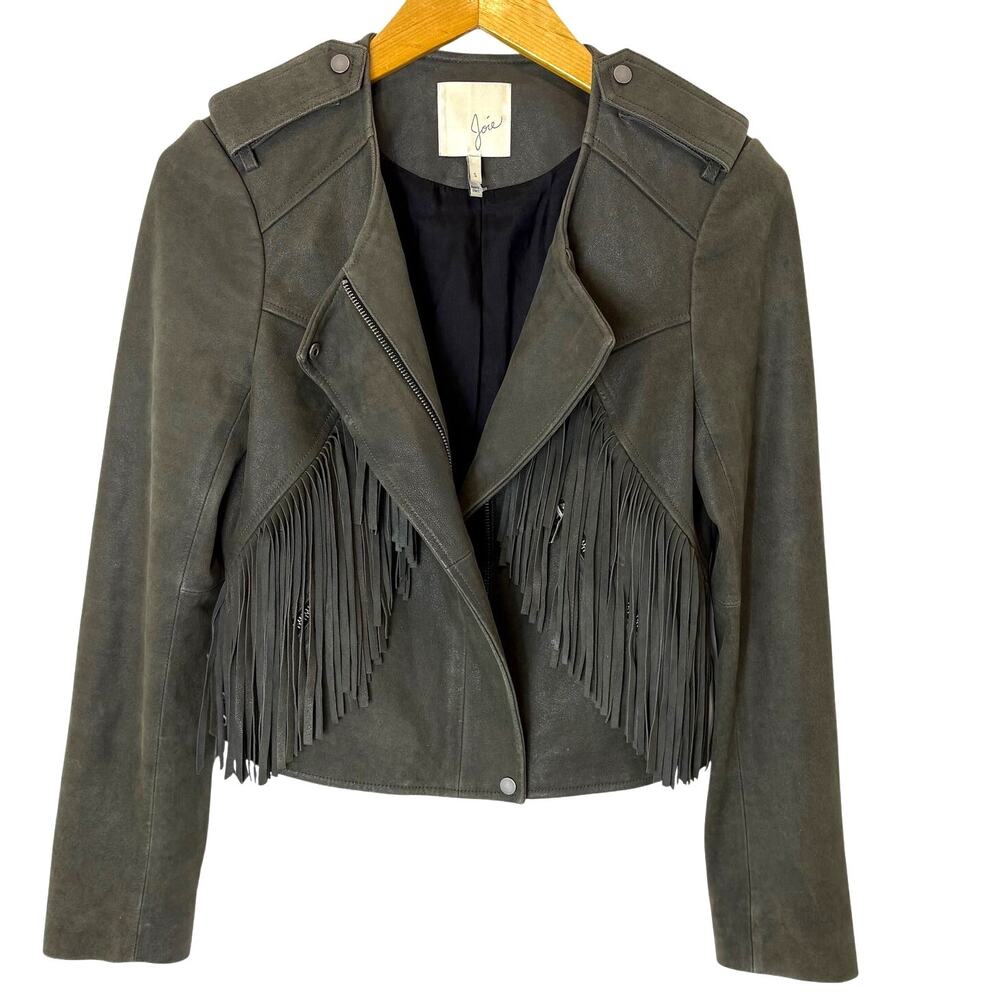 Joie - 100% Lamb Leather Fringe Moto Style ZENO Leather Jacket - Gray - Small